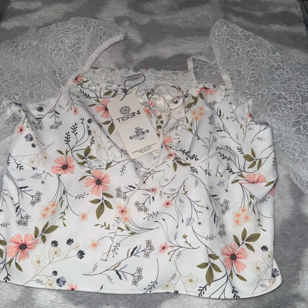 Floral Print Blouse with Lace Sleeves